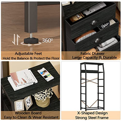 Black Dresser for Bedroom, Fabric Dorm Tall Nightstand | 5 Drawers Chests of drawers, Closet Organizer, Bedside Table Furniture for Living Room, Sturdy Steel Frame, Wood Top
