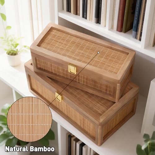 Natural Bamboo Decorative Box with Lids, Unique Decorative Boxes Set of 2, Boho Wedding Keepsake Box, Memory Box with Lid for Crafts, trinkets and Photo Storage