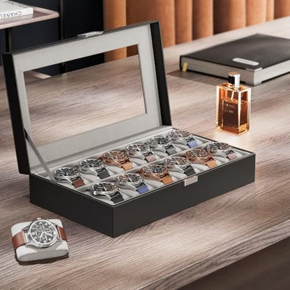 ProCase Watch Box Organizer, 12 Slot Watch Display Case, Black | Watches Storage Boxes Holder for Men Women, Large Glass Lid, Removable Pillows, Anniversary Christmas Birthday Gifts