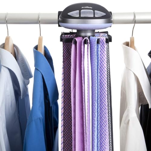 Motorized Tie Rack Stores Up to 50 Ties– Closet Organizer, Holds & Displays Up to 50 Ties Or Belts, Rotation Operates with Batteries. Great Gift Idea for Fathers Day