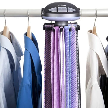 Motorized Tie Rack Stores Up to 50 Ties– Closet Organizer, Holds & Displays Up to 50 Ties Or Belts, Rotation Operates with Batteries. Great Gift Idea for Fathers Day