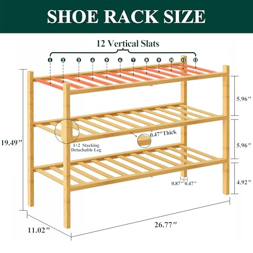 Smiry Bamboo Shoe Rack, 12 Vertical Slats, 3 Tier - 26.8" Wide, Natural | Stackable Free Standing Wooden Shoe Organizer, Wood Shoe Storage Shelf for Closet, Entryway