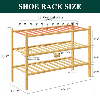 Smiry Bamboo Shoe Rack, 12 Vertical Slats, 3 Tier - 26.8" Wide, Natural | Stackable Free Standing Wooden Shoe Organizer, Wood Shoe Storage Shelf for Closet, Entryway