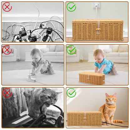 2PCS Cable Management Box, Handmade Rattan Cable Organizer Cord Basket | Open Slots Cords Hider Box Under Desk Cord Organizer for Computer Router USB Hub & Power Strip