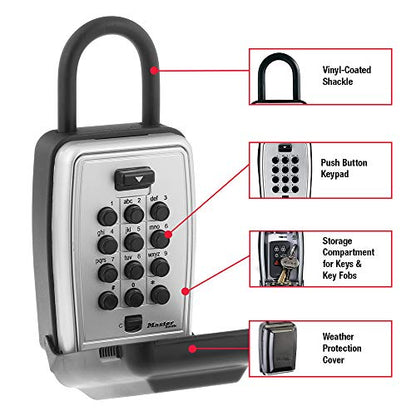 Master Lock Black Outdoor Key Lock Box with Push Buttons to Hide a Key, Easily Set, Share, and Change Combination for Tenants, Guests, Clients, Move Between Listings, 5422E