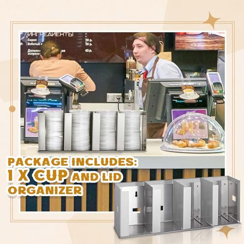 Hicarer 4 Compartments Stainless Steel Cup Dispenser with Adjustable Dividers Silver Cup and Lid Holder Lid Organizer Storage for Cabinet Kitchen Cafe Tea Shop Restaurant, Silver