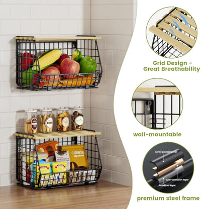 Hanging Fruit Basket for Kitchen, 3 Pack Vegetable Produce Basket | Wall Mounted & Countertop Wire Storage Basket for Potato Onion Fruits Vegetables, Pantry Organizers Storage