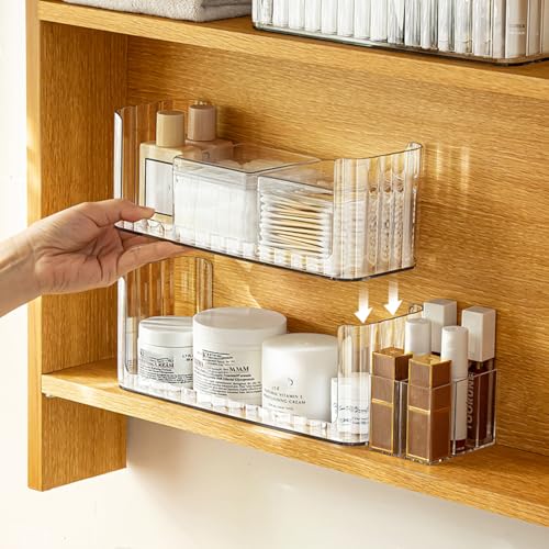 2-Tier Stackable Medicine Cabinet Organizer Shelves, Clear | Makeup Storage with Lipstick Holders, Cotton Swab Holder, Shelf Trays for Bathroom Cabinet, Counter, Vanity