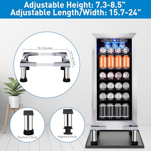 Mini Fridge Stand with Silicone Drip Tray, Adjustable 24''x24'' Refrigerator Stand with 4 Stainless Steel Feet, Dorm Fridge Stand Protects Floors from Leaks for Small Fridge, Portable Compact Washer or Dryer (7.3"-8.5" High)