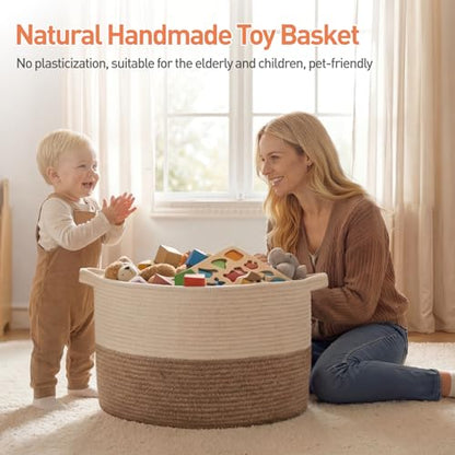 OIAHOMY 90L XXXLarge Blanket Basket for Living Room, 21.7" x 13.8" Woven Cotton Rope Laundry Basket for Organizing Pillows, Decorative Stuffed Animal Toy Storage for Nursery, White and Linen Brown