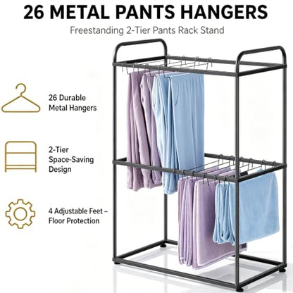 Freestanding Pants Rack Stand 2 Tier Black Pants Rack for Closet, Metal Trouser Rack with 26 Pant Hangers for Jeans, Scarves, Towels