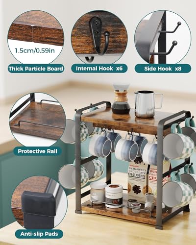 OROPY Coffee Mug Holder Countertop, Mug Rack 2 Tier Shelf & 14 Mug Hooks | Wooden Coffee Bar Station Organizer, Multi-functional Coffee Bar Accessories for Kitchen, Vintage Brown