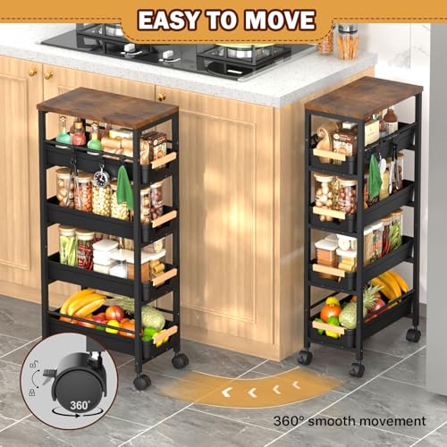 Slim Storage Cart with Wheels, Narrow Kitchen Rolling Cart, Black | 5-Tier Skinny Rolling Cart with Wooden Top & Lockable Wheels, Storage Organizer for Bathroom, Laundry Room, Narrow Space