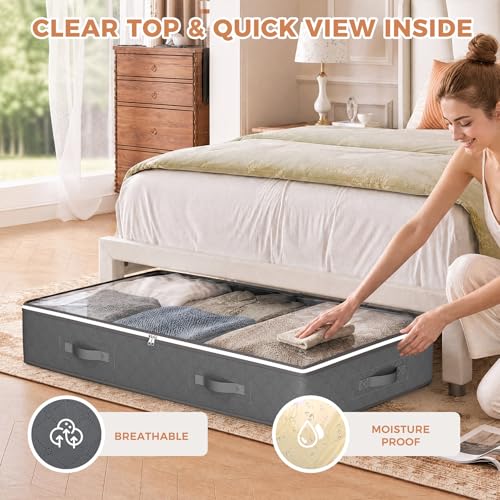 Under Bed Storage Containers, Storage Bins with Clear Lids | 4 Pack foldable organizers for clothes, blankets, shoes, bed sheets, comforter, wrapping paper, dorm storage