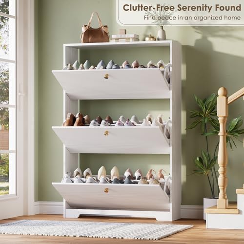 Shoe Cabinet with 3 Flip Drawers, Narrow Shoe Organizer Cabinet, Freestanding Shoe Rack Cabinet, Modern Shoe Storage Cabinet for Entryway, Hallway, Foyer, White