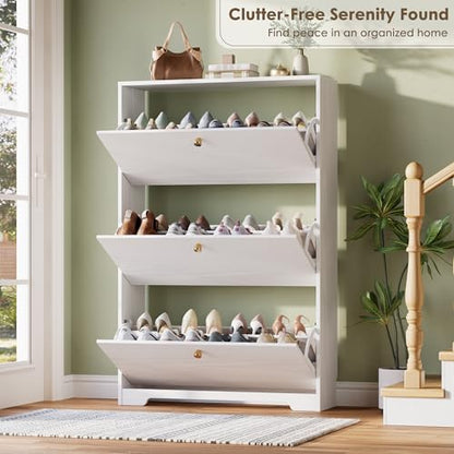 Shoe Cabinet with 3 Flip Drawers, Narrow Shoe Organizer Cabinet, Freestanding Shoe Rack Cabinet, Modern Shoe Storage Cabinet for Entryway, Hallway, Foyer, White
