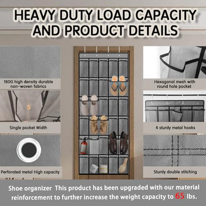 Kotkn Over the Door Shoe Organizer with 30 Breathable Mesh Pockets - Large Capacity Closet Storage for Men & Women, Hanging Shoe Rack Organizer (Gray)