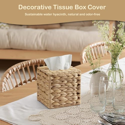 Tissue Box Cover Square, Water Hyacinth Hand-Woven Tissues Cube Box Holder, Woven Facial Tissue Holder for Bathroom Counter, Vanity, Bedroom, Office, Natural Boho Decorative