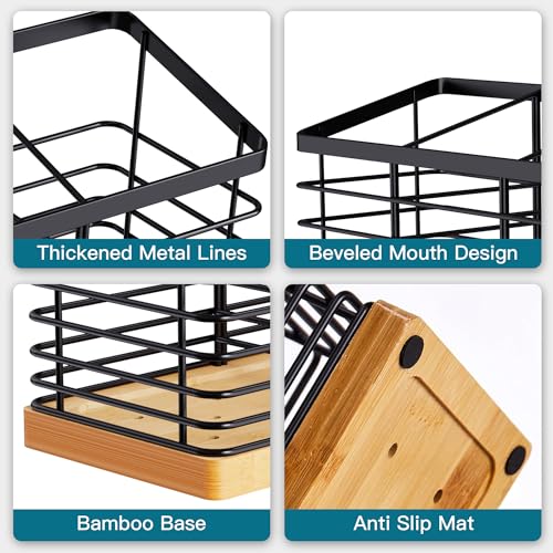 Extra Large Kitchen Utensil Holder, 4 Compartments, Black | Metal Utensil Holder with Wooden Base for Countertop, Rustic Cooking Utensil Organizer, Spacesaving, Large Capacity