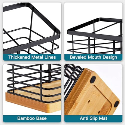 Extra Large Kitchen Utensil Holder, 4 Compartments, Black | Metal Utensil Holder with Wooden Base for Countertop, Rustic Cooking Utensil Organizer, Spacesaving, Large Capacity