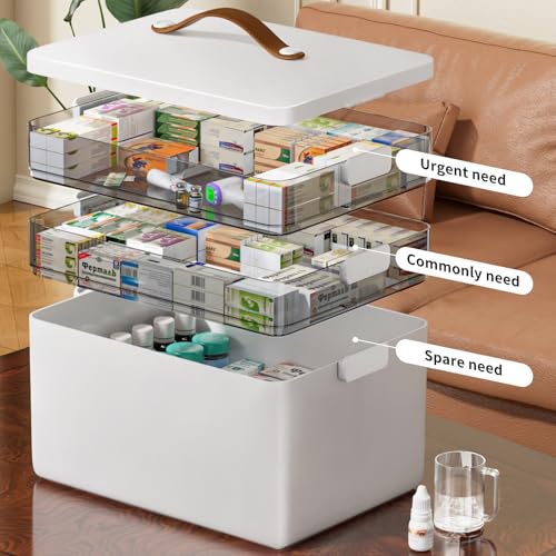 CTIME 3-Tier Medicine Organizer - Portable Medicine Cabinet with Handle | Multipurpose Medical Box, Pill Organizer, Empty First Aid Kit for Home
