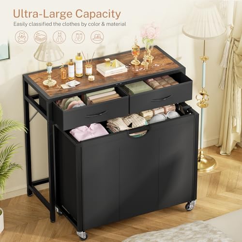Laundry Sorter, Rolling Laundry Hamper with 3 Section Pull-Out Bags, Laundry Basket Organizer with 2 Drawers & 2-Tone Top Panel, Laundry Hamper with Wheels for Laundry Room Organization, Bathroom