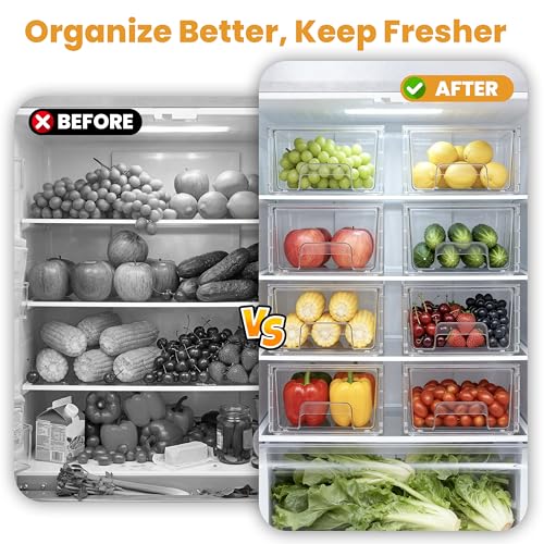 2 Pack Stackable Storage Drawers,Plastic Organizers Bins, Drawers Storage with Handles and Movable Dividers for Organization and Storage in Fridge,Bathroom, Pantry, Kitchen Cabinets, Under Sink