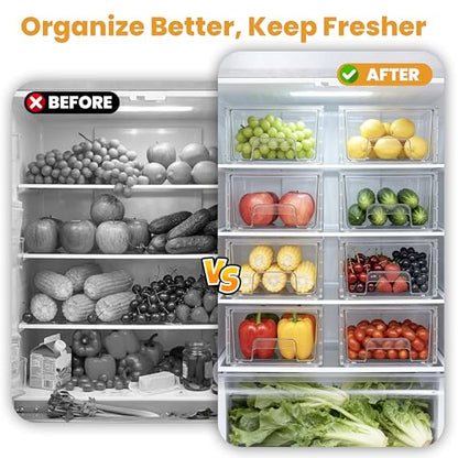 2 Pack Stackable Storage Drawers,Plastic Organizers Bins, Drawers Storage with Handles and Movable Dividers for Organization and Storage in Fridge,Bathroom, Pantry, Kitchen Cabinets, Under Sink