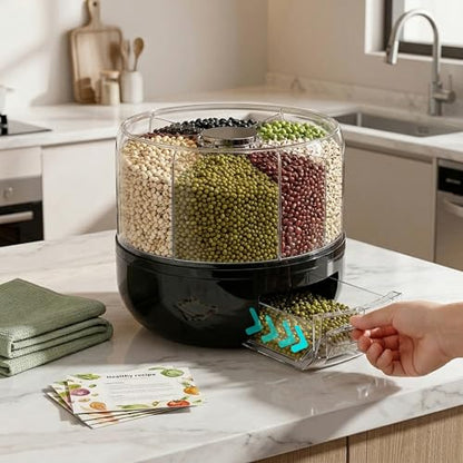 Rotating Grain Storage Bin 6 Grids Rice Container One-Click Output Large Capacity Food Dispenser For Rice Grains Sealed Moisture Proof Organizer (Black)