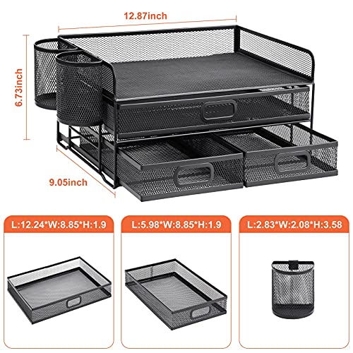 Marbrasse 3 Tier Mesh Desk Organizer with Drawer, Multi-Functional Desk Organizers and Accessories, Paper Letter Organizer with 2 Pen Holder for Home Office Supplies (Black)