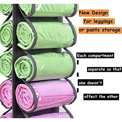 Legging Storage Bag Storage Hanger Can Holds 24 Leggings or Shirts Jeans Compartment Storage Hanger, Foldable Leggings Organizer Clothes Portable Closets Roll Holder(Grey)