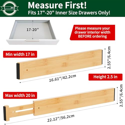 Dunruz Bamboo Drawer Dividers 2.6" High,17"-20" Adjustable Spring Loaded Clothes Drawer Organizers for Kitchen, Dresser, Bathroom, Bedroom and Office