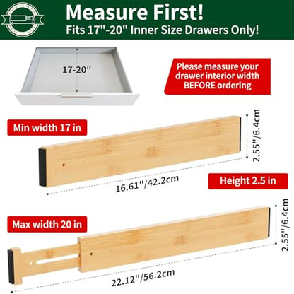 Dunruz Bamboo Drawer Dividers 2.6" High,17"-20" Adjustable Spring Loaded Clothes Drawer Organizers for Kitchen, Dresser, Bathroom, Bedroom and Office