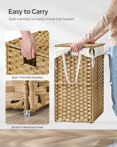 SONGMICS Laundry Hamper with Lid, 23.8 Gallon (90 L) Synthetic Rattan Clothes Laundry Basket with Lid and Handles, Foldable, Removable Liner, Goose Yellow ULCB51NL