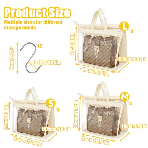 12PC Dust Bags for Handbags with 12 Hooks, Clear PVC Handbag Storage Dust Bags with Zippers and Handles, Plastic Hanging Dust Cover Bag Holder Purse Storage Organizer for Closet (3 Size)