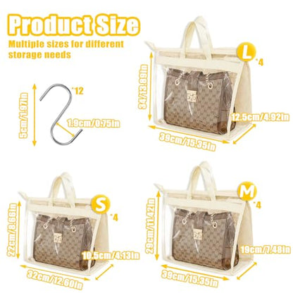 12PC Dust Bags for Handbags with 12 Hooks, Clear PVC Handbag Storage Dust Bags with Zippers and Handles, Plastic Hanging Dust Cover Bag Holder Purse Storage Organizer for Closet (3 Size)