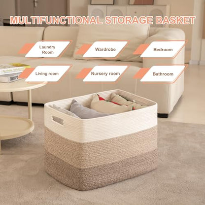 OIAHOMY 108L Super Large Blanket Basket, 25”x16”x16”(108L) Rectangle Woven Baskets for Storage, Cotton Rope Basket For Living Room, Toy Storage with Handle- Gradient Brown