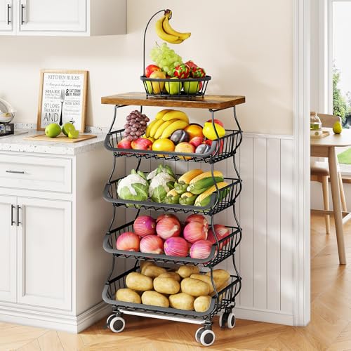 SAYZH 5-Tier Fruit and Vegetable Basket Stand for Kitchen, Wood Top, Black | Stackable Vegetable Storage Baskets with Wheel, Metal Wire Storage Carts for Onion, Potato and Snacks