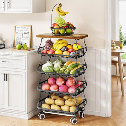 SAYZH 5-Tier Fruit and Vegetable Basket Stand for Kitchen, Wood Top, Black | Stackable Vegetable Storage Baskets with Wheel, Metal Wire Storage Carts for Onion, Potato and Snacks