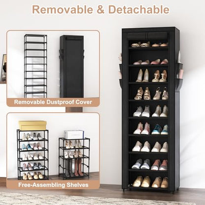 Shoe Rack with Cover Narrow Shoe Organizer with 4 Side Pockets 10 Tier Tall Shoe Storage Holds 18-22 Pairs Shoes and Boots Shoe Rack for Closet Entryway Garage