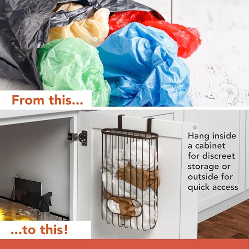 Spectrum Ashley Over Cabinet Door Grocery Bag Holder Hanging Bag Dispenser for Kitchen Cabinet Bathroom Under Sink Home Organization, Heavy Duty Plastic Bag Cabinet Door Storage, Bronze