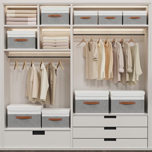 Yawinhe Fabric Storage Boxes with Lids,White/Grey,15.0x9.8x9.8in,1-Pack | Container with Leather Handle,Washable Storage Basket, Clothes Blanket Bin,Collapsible Closet Organizer for Bedroom