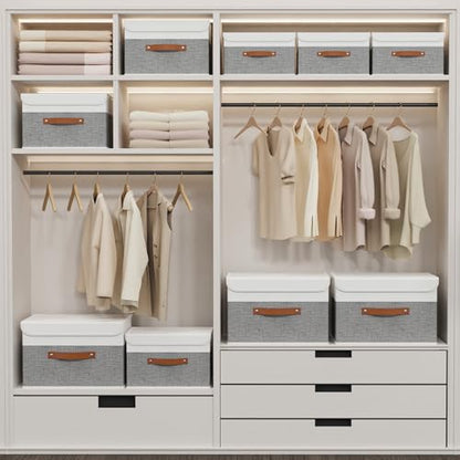 Yawinhe Fabric Storage Boxes with Lids,White/Grey,15.0x9.8x9.8in,1-Pack | Container with Leather Handle,Washable Storage Basket, Clothes Blanket Bin,Collapsible Closet Organizer for Bedroom