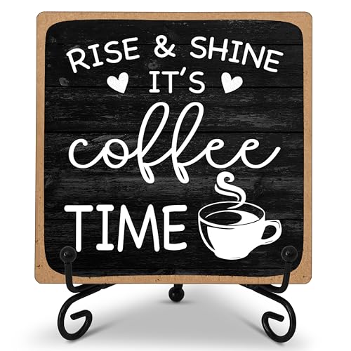 Farmhouse Coffee Bar Sign, Rise & Shine It's Coffee Time | 5"x5" Wood Plaque with Stand Gift for Home Kitchen Tabletop Decor | B09