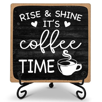 Farmhouse Coffee Bar Sign, Rise & Shine It's Coffee Time | 5"x5" Wood Plaque with Stand Gift for Home Kitchen Tabletop Decor | B09