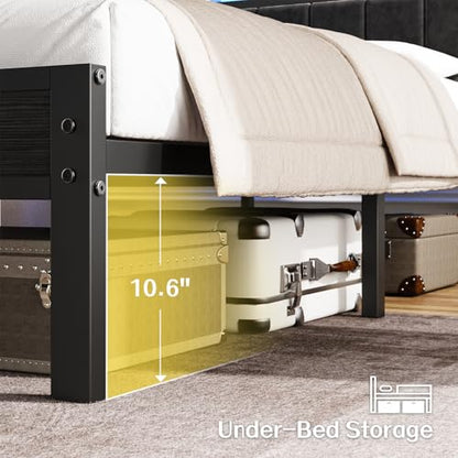 OLEVS King Bed Frame with Charging Station & LED Lights, Modern Platform Bed with Upholstered Storage Headboard, No Box Spring Needed Noise Free