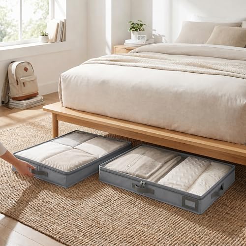 4" Low Profile Under Bed Storage Bins (2-Pack, Grey), Slim 600D Oxford Fabric Clothes Organizer Box with Reinforced Leather Handles, Sturdy Clear Lid