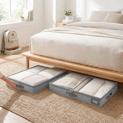 4" Low Profile Under Bed Storage Bins (2-Pack, Grey), Slim 600D Oxford Fabric Clothes Organizer Box with Reinforced Leather Handles, Sturdy Clear Lid