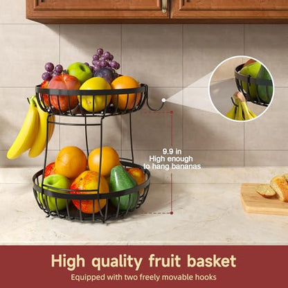 2 Tier Large Fruit Bowl for Kitchen Counter with 2 Banana Hangers | Sturdy Metal Basket for Fruit, Bread & Onions, Modern Wire Fits Various Styles, Includes Food-Safe Mats to Keep Produce Fresh