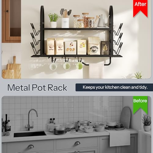 30 Inch Pot Rack Wall Mounted, 2 Tier Pots and Pan... (Black | Metal)